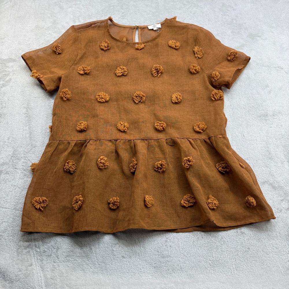 Entro Peplum Top Women L Brown Tufted Pom Short Sleeve Earthy Boho Fall Blouse